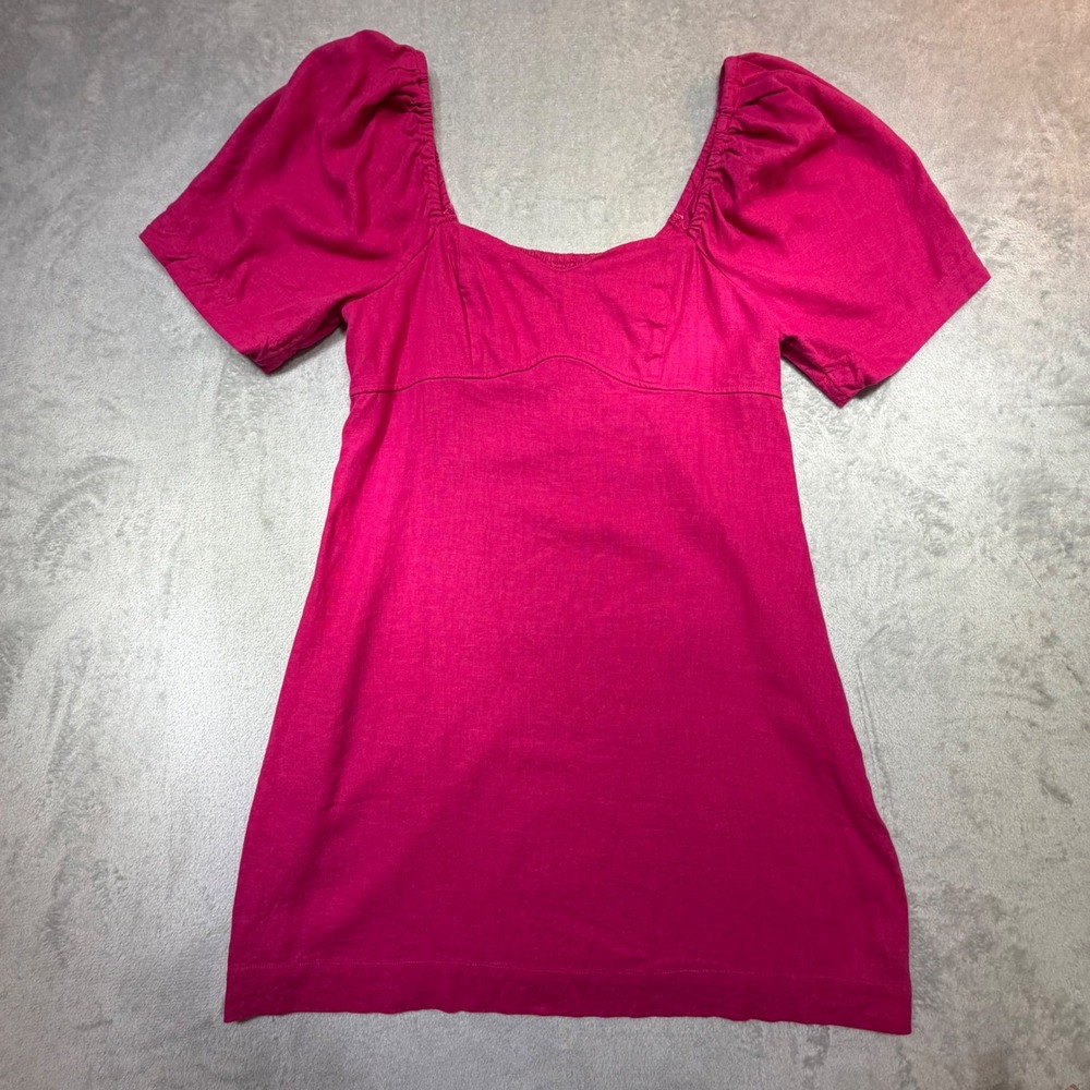 A New Day Puff Sleeve Linen Blend Mini Dress Size M Pink Square Neck VN1247024